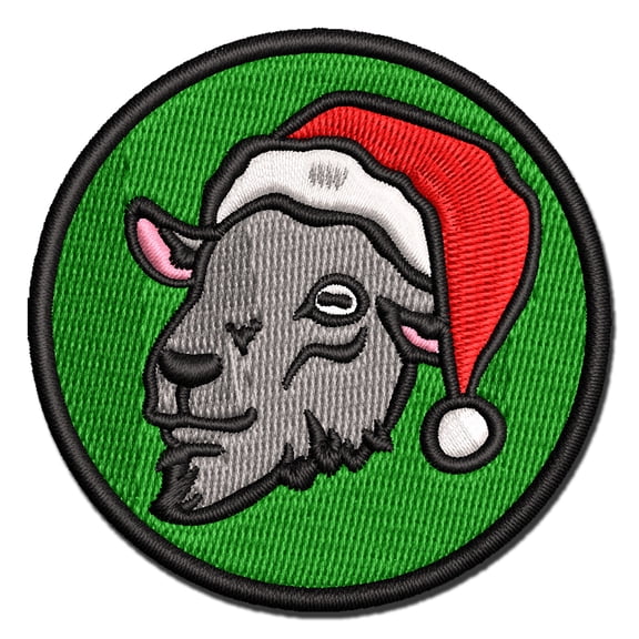 Goat Head with Santa Hat Christmas Applique Multi-Color Embroidered Iron-On Patch - 2.0 Inch Mini