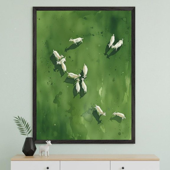 Goat Herd Print Aerial View Farm Animal Decor Green Pasture Minimalist Unframed Paper Print