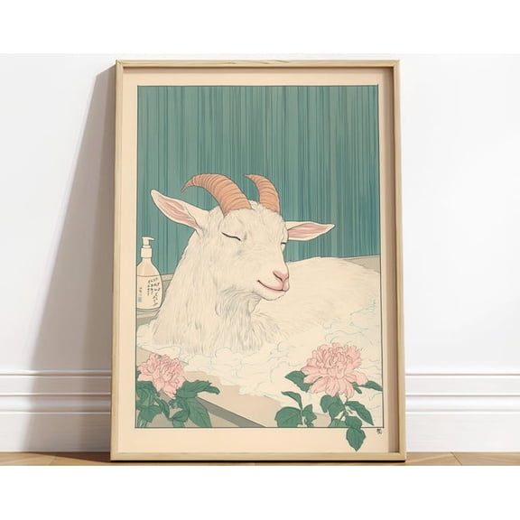 Goat In Bathtub Wall Art Print, Unframed Paper Poster 24x36in