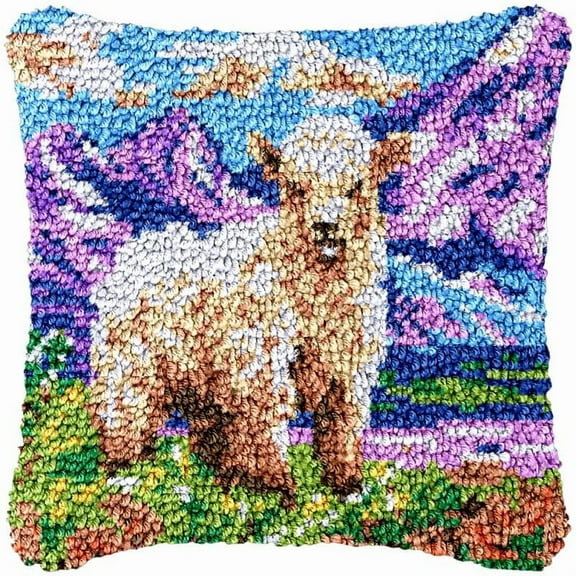 Goat Latch Hook Kits Pillow DIY Rug Crochet Hook Cushion Making Kits with Preprinted Pattern Canvas Instruction Yarns and Latch Hooking Pillow Cover Easy to Starter DIY Kits 43x43cm