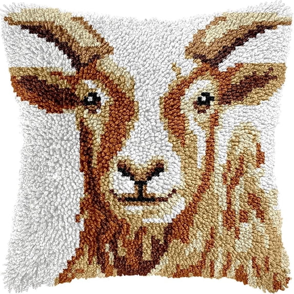 Goat Latch Hook Pillow Kits DIY Pillowcase Cushion Cover Crochet Hooking Pillow Making Kits with Color Pattern Canvas Crochet Hooking Kits Pillow 43x43cm(RC-21)