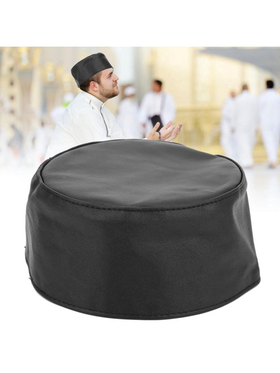 Goat Leather Prayer Cap Solid Black Foldable Soft Head Cover for Daily and Worship Wear Size 59