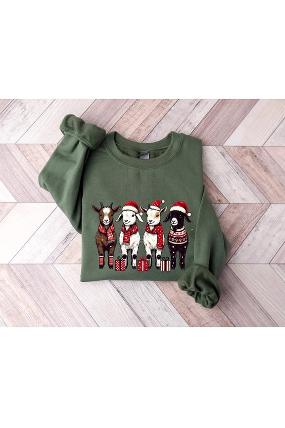 Goat Lover Christmas Sweatshirt Christmas Farm Animals Funny Goat Xmas Gift Forest Green