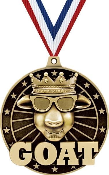 GOAT Greatest Of All Time 3D Medal – 3 Inch Gold Award With Red, White & Blue Ribbon