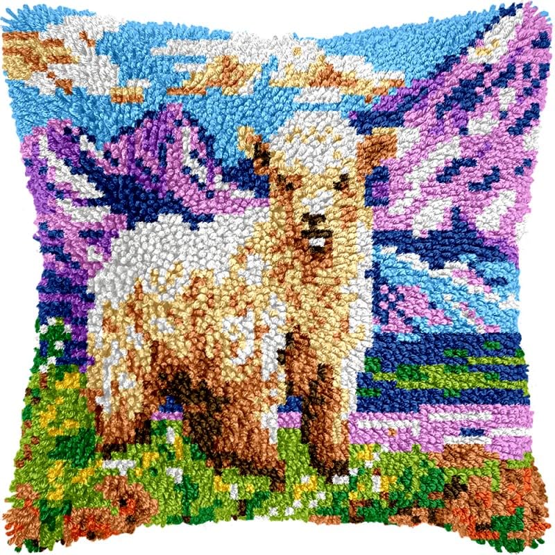 Goat & Mountain Latch Hook Pillows Kits Cushion Pillow Cover with Pattern Printed Canvas Sofa Hooking Pillowcase Crafts Embroidery Latch Hooking Crochet Kits Set 17x17 inch(1)