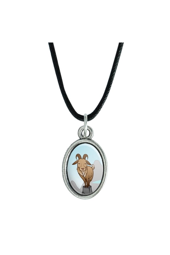Goat On Mountain Top Antiqued Oval Charm Pendant with Black Satin Cord
