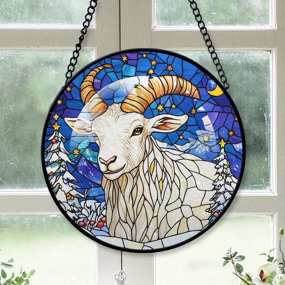 Goat Ornament Christmas 2025, Goat Stained Glass Hanging Window Art Vintage-Inspired Glass Panel for Elegant Home Decor