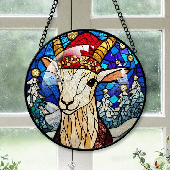 Goat Ornament Christmas 2025, Goat Stained Glass Window Panel Decorative Hanging Glass Art for Home or Garden