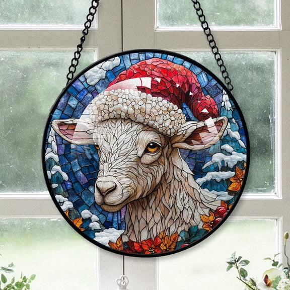 Goat Ornament Christmas 2025, Goat Stained Glass Window Panel Elegant Handmade Glass Artwork for Home Decoration