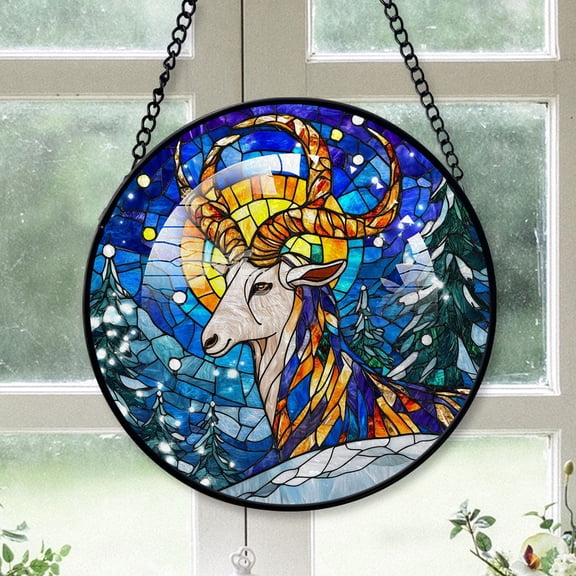 Goat Ornament Christmas 2025, Goat Stained Glass Window Panel Handcrafted Art Sun Catcher for Bright and Cheerful Homes