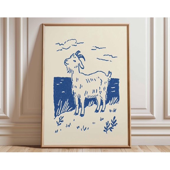Goat Rustic Farmhouse Minimalist Blue Goat Illustration Wall Art Print, Unframed Paper Poster 24x36in
