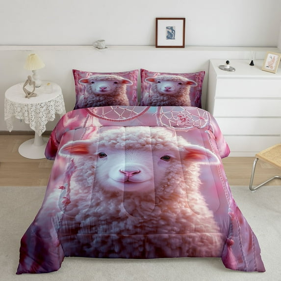 Goat Sheep Comforter Set Dream Catcher King Bedding Set,Boho Feather Quilt Bed Set Farm Animals Duvet Insert,Exotic Bohemian Decor