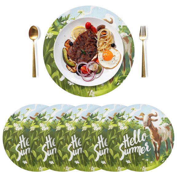 Goat Sheep Summer Greed Black Round Placemats Plate Mats 15 Inch Non-Slip Heat Resistant Washable PVC Set Indoor for Kitchen Dining Table 1PC