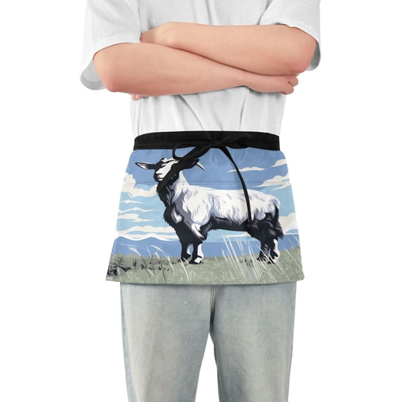 Goat Sheep on Grass Server Apron with 3 Pockets Waterproof Waitress Waist Short Apron for Man Woman 12 Inches