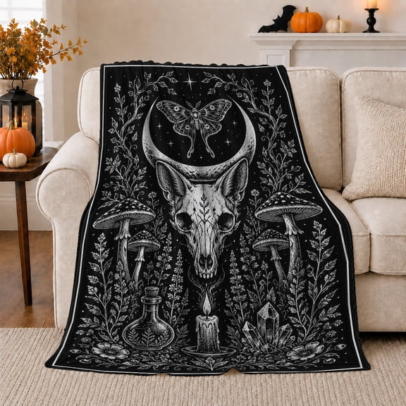 Goat Skull with Crescent Moon and Mushrooms, Gothic Woodland Style for Occult Art Lovers, Dark Botanical Scene and Halloween Gift, Cozy Flannel Blanket, Home Decor
