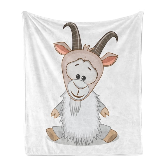 Goat Soft Flannel Fleece Blanket, Baby Ibex with Small Hooves Sitting on the Ground in a Cheerful Mood Childish Cartoon, Cozy Plush for Indoor and Outdoor Use, 50" x 60", Multicolor, by Ambesonne