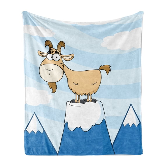 Goat Soft Flannel Fleece Blanket, Doodle Cartoon Goat Smiling and Standing on Top of Mountain Pick Digital Illustration, Cozy Plush for Indoor and Outdoor Use, 50" x 70", Multicolor, by Ambesonne
