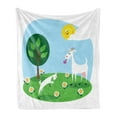 thumbnail image 1 of Goat Soft Flannel Fleece Throw Blanket, Cartoon Goat and His Baby Playing in the Meadow Eating Daisy Plants on a Sunny Day, Cozy Plush for Indoor and Outdoor Use, 50" x 70", Multicolor, by Ambesonne, 1 of 5