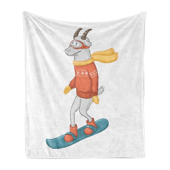 Goat Soft Flannel Fleece Throw Blanket, Cartoon Goat on a Snowboard Wearing Pullover Scarf and Goggles in Winter Season, Cozy Plush for Indoor and Outdoor Use, 50" x 70", Multicolor, by Ambesonne