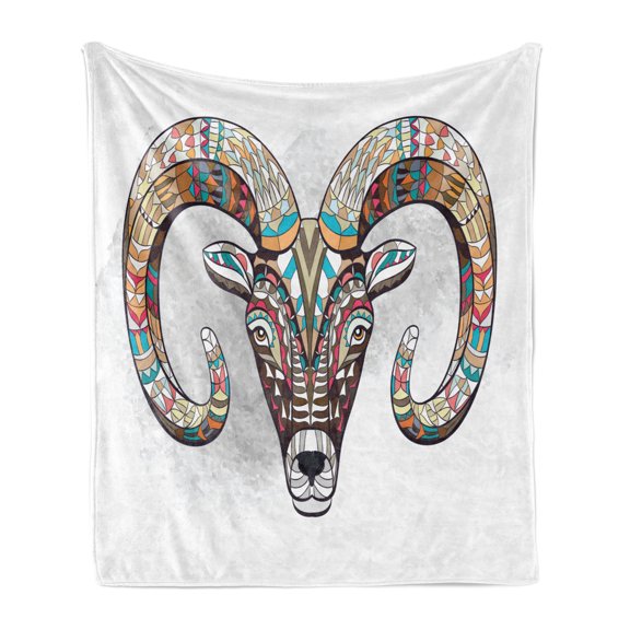Goat Soft Flannel Fleece Throw Blanket, Colorful Ornamented Head of Goat Totem Tattoo Inspired Design, Cozy Plush for Indoor and Outdoor Use, 70" x 90", Multicolor, by Ambesonne