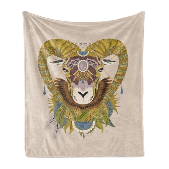 Goat Soft Flannel Fleece Throw Blanket, Sumptuous Goat Head with Bighorn Abstract Animal Design, Cozy Plush for Indoor and Outdoor Use, 50" x 60", Multicolor, by Ambesonne