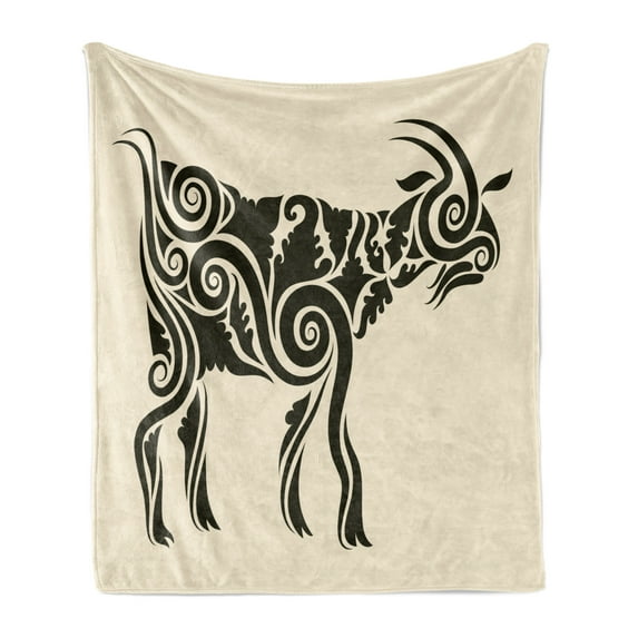 Goat Soft Flannel Fleece Throw Blanket, Tribal Tattoo Style Ornamental Goat with Curves Waves Abstract Geometric Print, Cozy Plush for Indoor and Outdoor Use, 60" x 80", Beige and Black, by Ambesonne