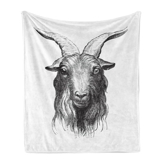 Goat Soft Flannel Fleece Throw Blanket, Vintage Engraved Image of Goat Head Drawing Wildlife Ruminant Mammal Concept, Cozy Plush for Indoor and Outdoor Use, 50" x 70", Black and White, by Ambesonne