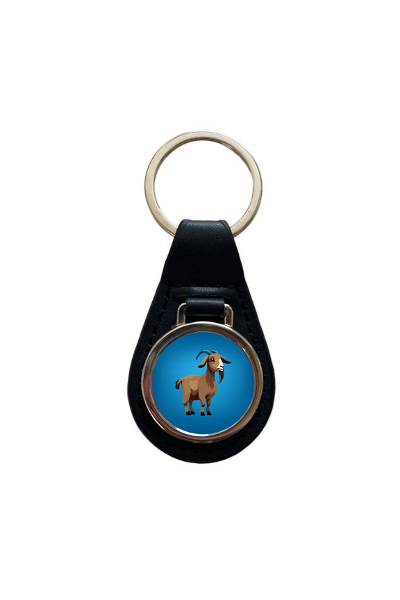 Goat Standing Cute Metal Black Leather Keychain