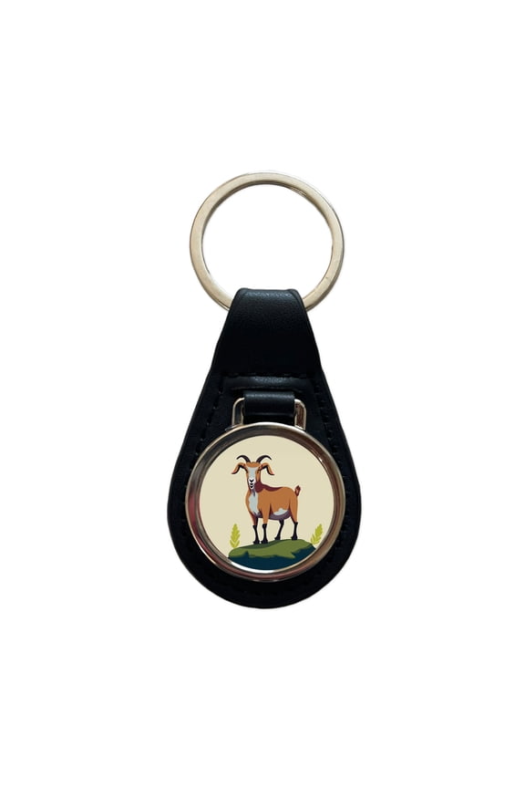 Goat Standing Metal Black Leather Keychain