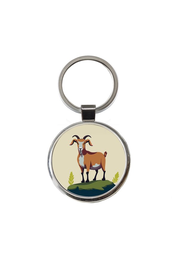 Goat Standing Metal Round Keychain