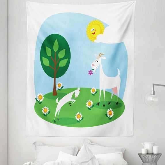 Goat Tapestry, Cartoon Goat and His Playing in the Meadow Eating Daisy Plants on a Sunny Day, Fabric Wall Hanging Decor for Bedroom Living Room Dorm, 5 Sizes, Multicolor, by Ambesonne