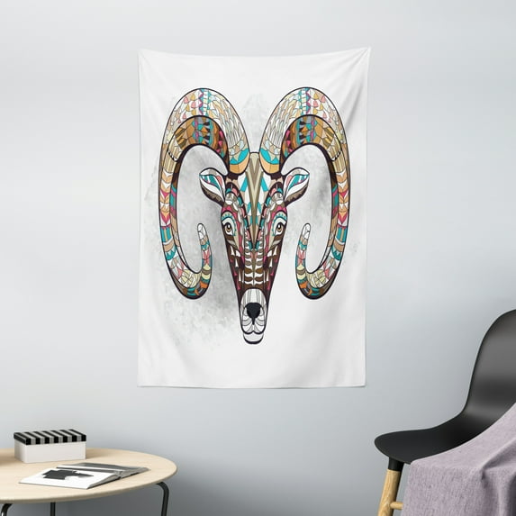 Goat Tapestry, Colorful Tribal Ornamented Head of Goat Figure African Totem Tattoo Inspired Design, Wall Hanging for Bedroom Living Room Dorm Decor, 40W X 60L Inches, Multicolor, by Ambesonne