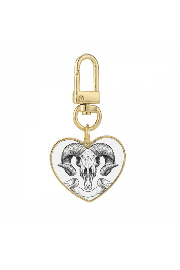 Goat l Animal Sketch Illustrations Gold Heart Keychain Metal Keyring Holder