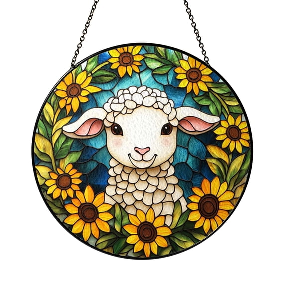 Goat with Sunflower Glass Suncatcher Window Ornament, Whimsical Farm Scene Hanging Decor, Nature Inspired Accent