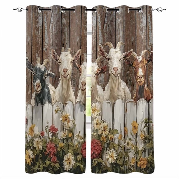 Goats Blackout Curtains 63 Inch Length Retro Farmhouse Fence Floral Wood Grain Thermal Insulated Window Curtain Window Drapes 2 Panels for Bedroom Living Room 42"Wx63"L