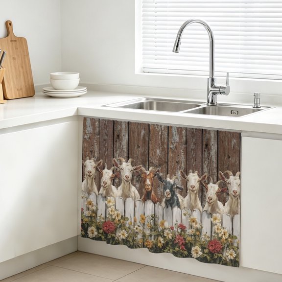 Goats Cabinet Curtains for Kitchen 10"W x 11"L, Retro Farmhouse Fence Floral Wood Grain Under Sink Skirt Magic Tape Short Curtain Decorative Privacy Panel for Bathroom Laundry