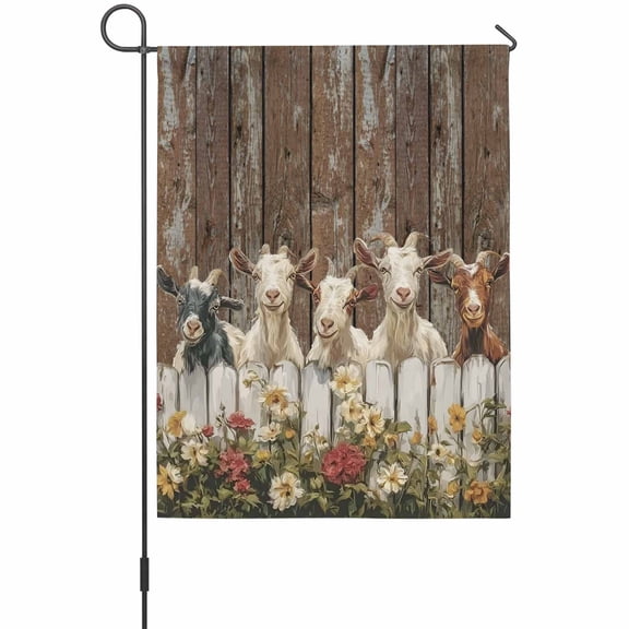 Goats Garden Flag 12x18 Inch Retro Farmhouse Fence Floral Wood Grain Double Sided Outdoor Garden Flags Welcome House Flag Decorative Yard Flags for Outside Holiday Decoration
