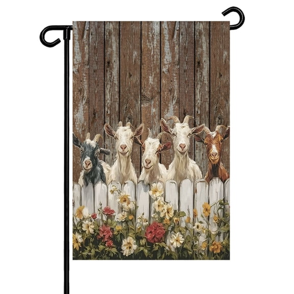 Goats Garden Flag 12x18 Inch Retro Farmhouse Fence Floral Wood Grain Double Sided Small Decorative Garden Flags for Outside, Outdoor Yard Porch Lawn Decoration