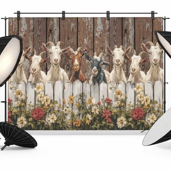 Goats Photography Backdrop 7x5FT, Retro Farmhouse Fence Floral Wood Grain Photo Backdrops, Background for Photography Studio Photo Studio Background, Back Drop for Photoshoot