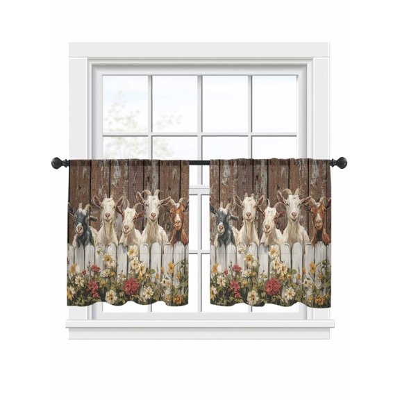 Goats Sheer Curtains 2 Panels Set Retro Farmhouse Fence Floral Wood Grain Sheer Window Curtains Light Filtering Rod Pocket Voile Drapes for Bedroom Living Room 52"x45"