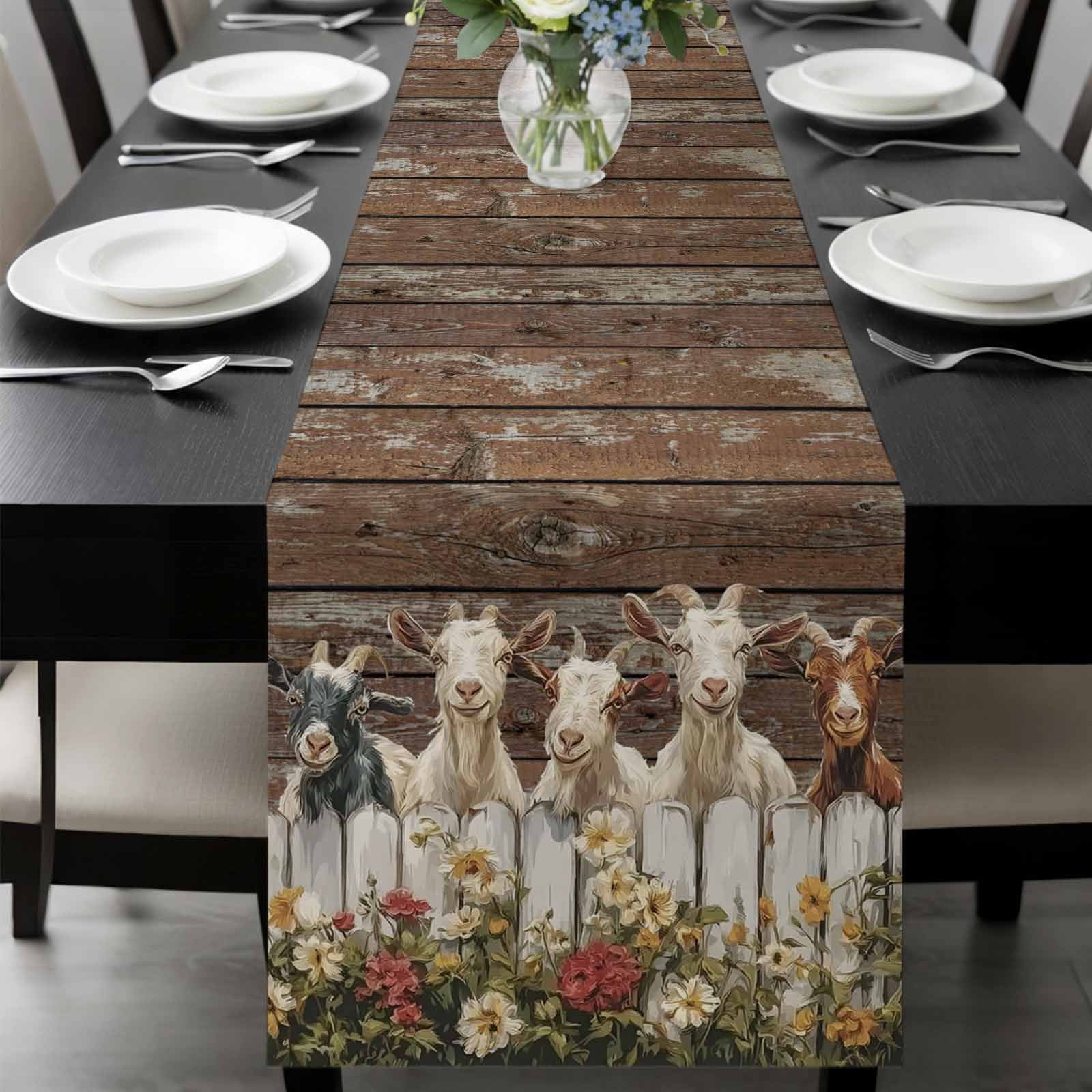 Goats Table Runner, Retro Farmhouse Fence Floral Wood Grain Washable Cotton-linen Table Runners Dining Kitchen Decoration for Everyday Home Wedding Party Decor, 13 x 108 Inch