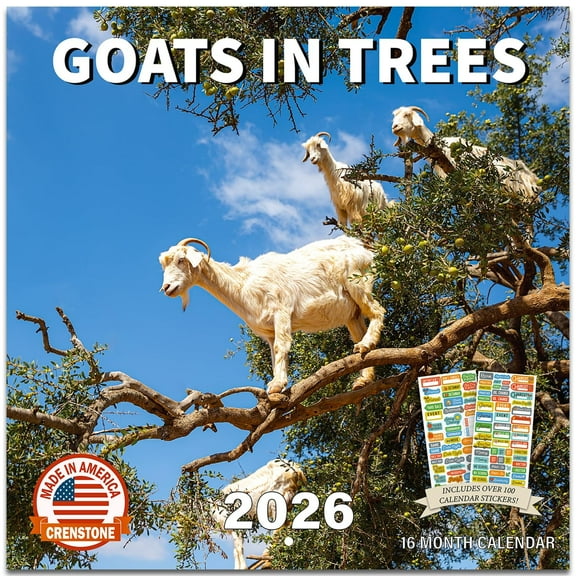 Goats in Trees Calendar 2026 - Deluxe 2026 Bizarre Goats Wall Calendar Bundle with Over 100 Calendar Reminder Stickers (Animal Gag Gifts, Office Supplies) | Made In The USA