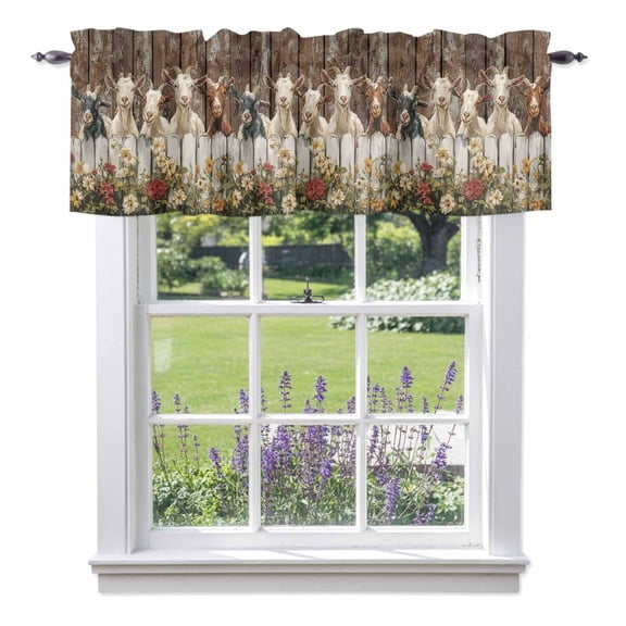 Goats Valance Curtain for Windows Retro Farmhouse Fence Floral Wood Grain Rod Pocket Curtain Valances Short Window Treatments Panels for Kitchen Bathroom Laundry Room Basement 60 x 18 Inch