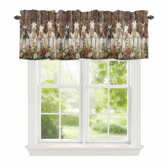 Goats Window Valance for Kitchen, Retro Farmhouse Fence Floral Wood Grain Rod Pocket Short Curtain for Small Windows, Light Filtering Decorative Valance, 42 x 18 Inch, 1 Panel