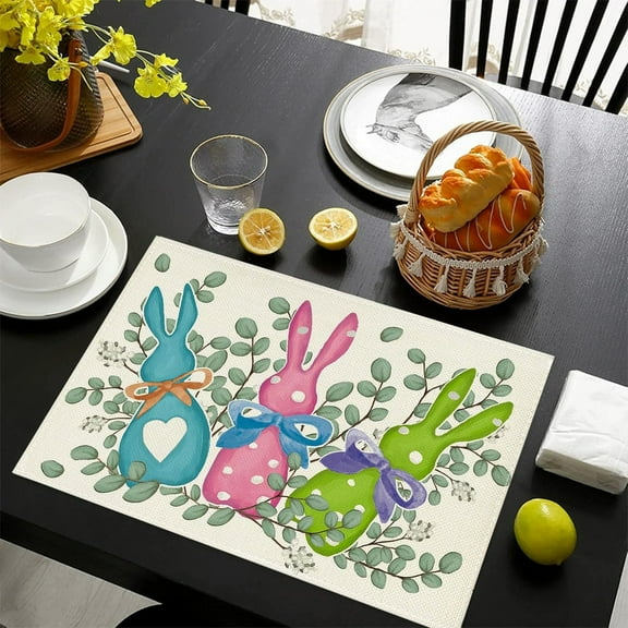 Goattoy Easter Bunny Table Placemats, Easter Decorations for Indoor Dining Room,Kitchen,Colorful Easter Bunny for Party Supplies,Easter Saving ,Spring Gifts for Kids,Girls,Friends