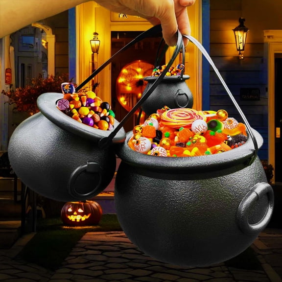 Halloween Decorations Indoor,8in Black Halloween Cauldron with Handle,Candy Bucket Decor for Home and Party