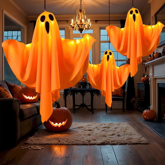 Goattoy Halloween Decorations Outdoor,16'' LED Light Glowing Orange Hanging Ghost Wizardhat Pendant Indoor Layout Props,Scary Hanging Ghosts Decor for Front Yard Patio Lawn Garden Party(1Pc)
