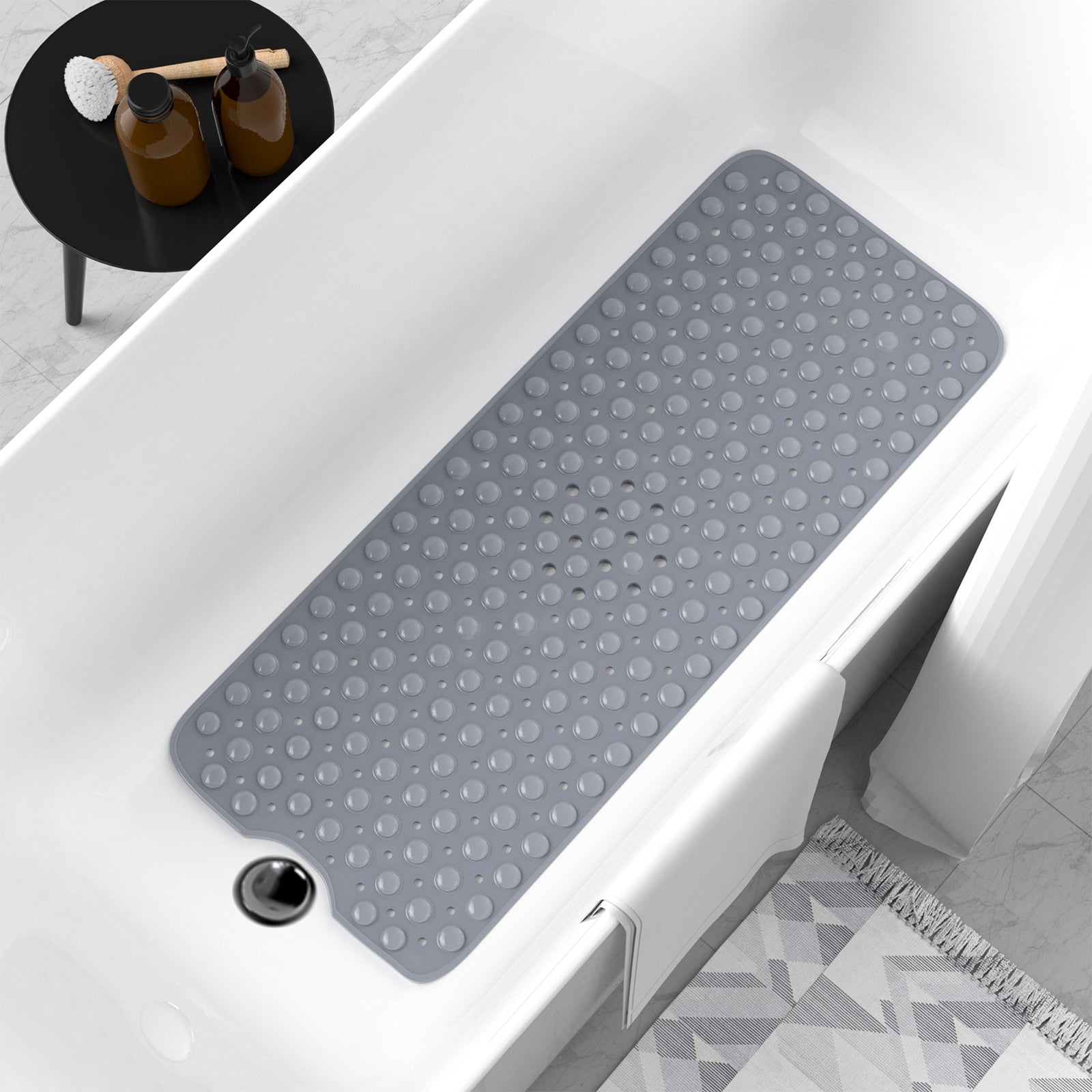Goaxuzt Bath and Shower Mat Non Slip Extra Long Bath Mats for Tub with Suction Cups & Drain