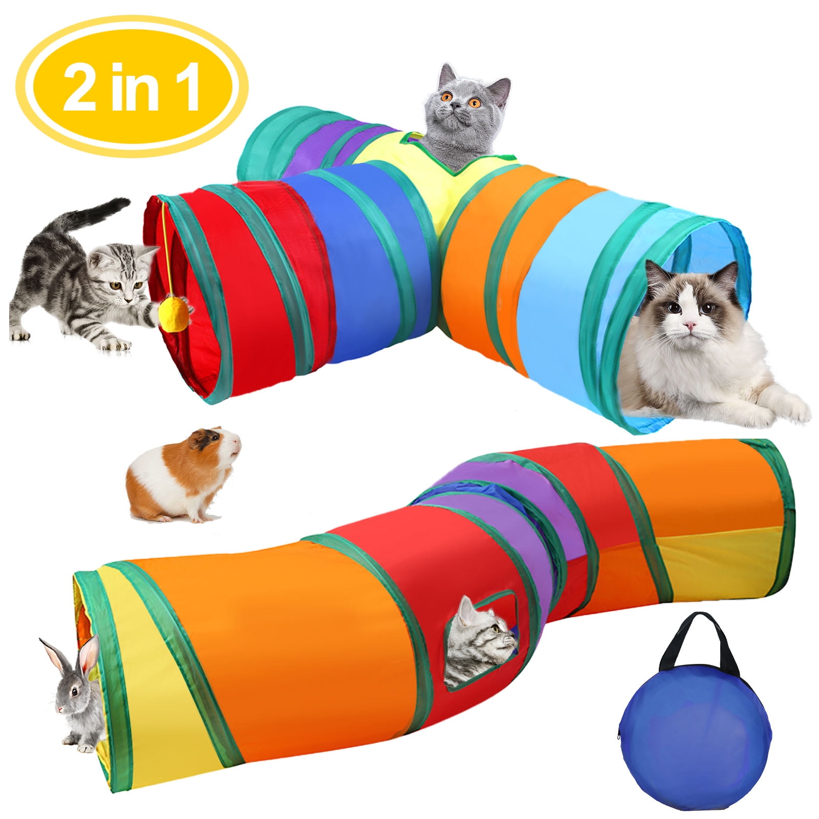 Goaxuzt Cat Tunnel Toy for Indoor Cat with Play Ball Collapsible Cat Tube Interactive Toy 2 Pcs Pet Tunnel Set with Storage Bag for Kitten, Rabbits, Guinea Pigs, Rainbow