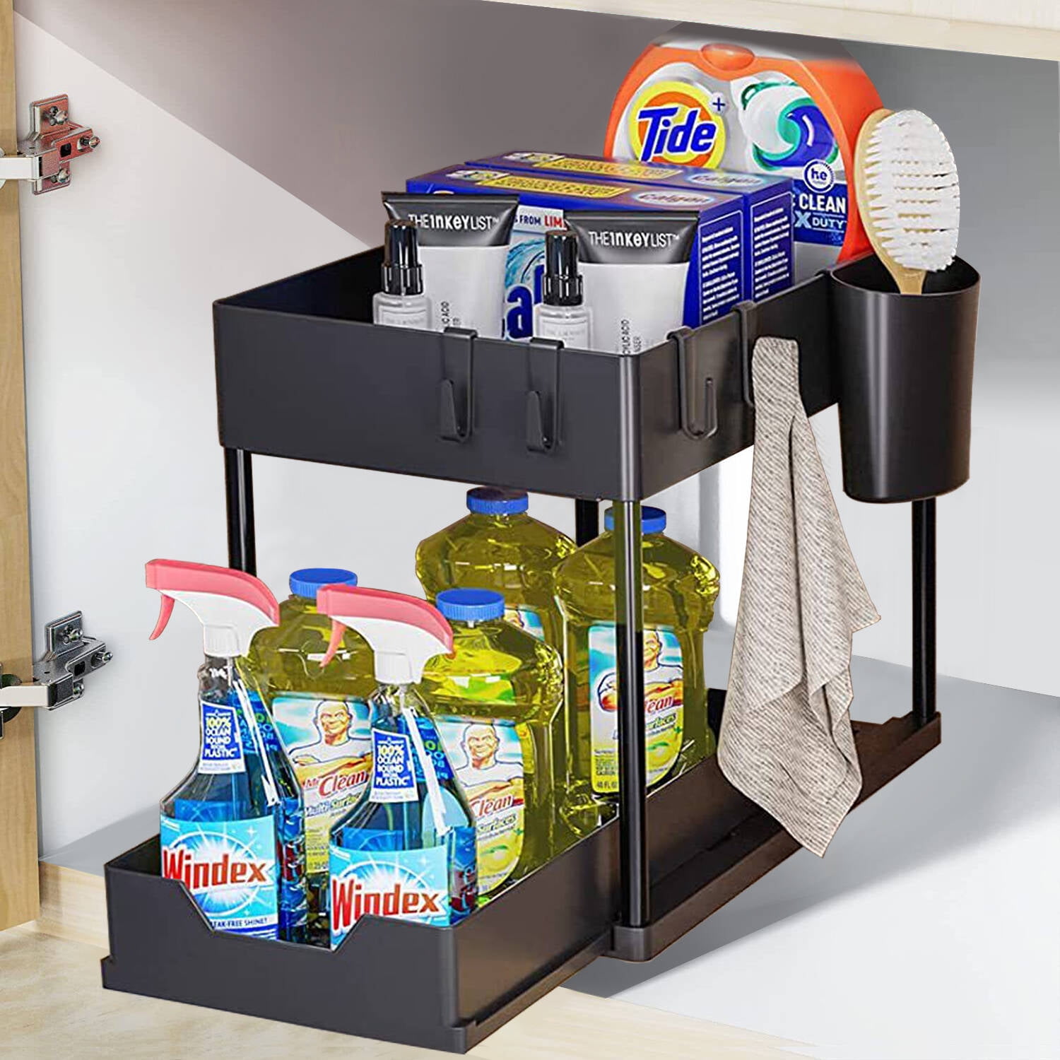 Goaxuzt Under Sink Organizer Storage with Sliding Drawer 2 Tier Cabinet Shelf for Bathroom Kitchen, Black